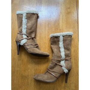 Nine West Sherpa Suede Heeled Boots Straps Buckle Side Zipper Shoes, Size 6.5